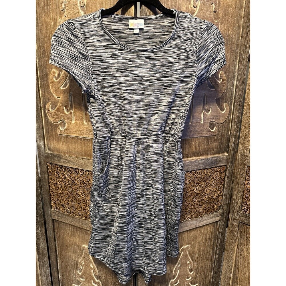 LuLaRoe Black White Striped Abstract Girl’s Pocket Athletic Dress Size 12 C15